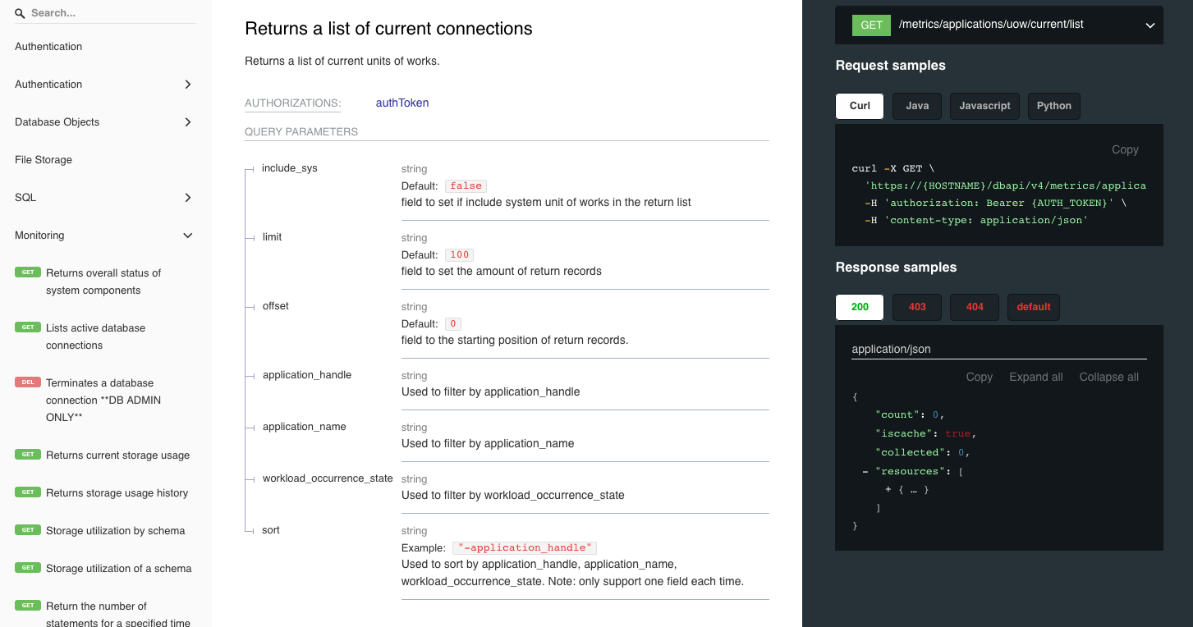 DB2 management console API documentation